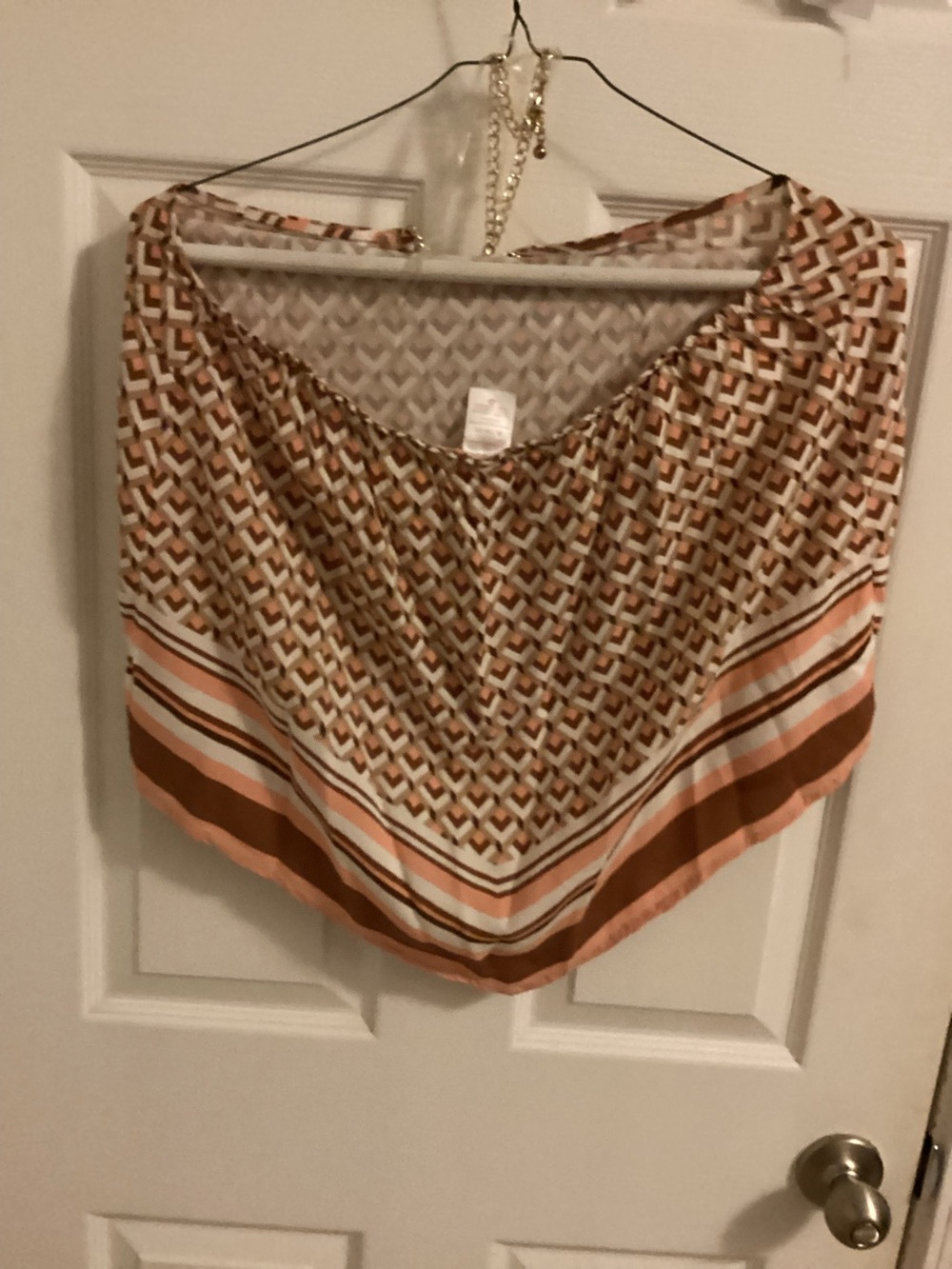 Silky Geometric Print top in Peach and Brown